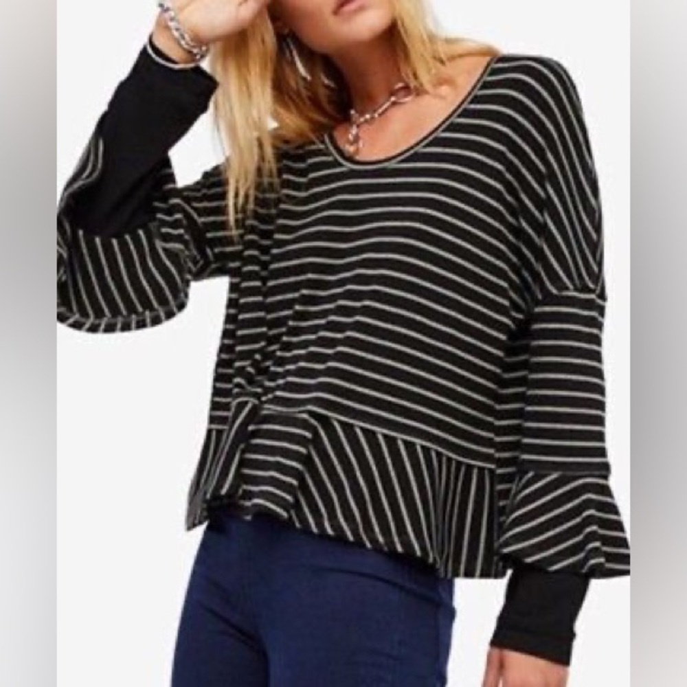 Free People Peplum Hem Striped Top Shirt Top Blouse Black Gray S